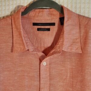 Perry‎ Ellis Shirt Mens Linen Peach Short Sleeve Collared Button Cool XL